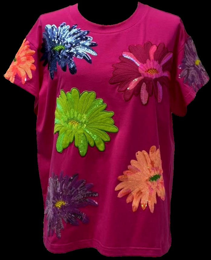 Queen of Sparkles Hot Pink Multi Flower Tee-T-Shirts-Queen Of Sparkles-Deja Nu Boutique, Women's Fashion Boutique in Lampasas, Texas