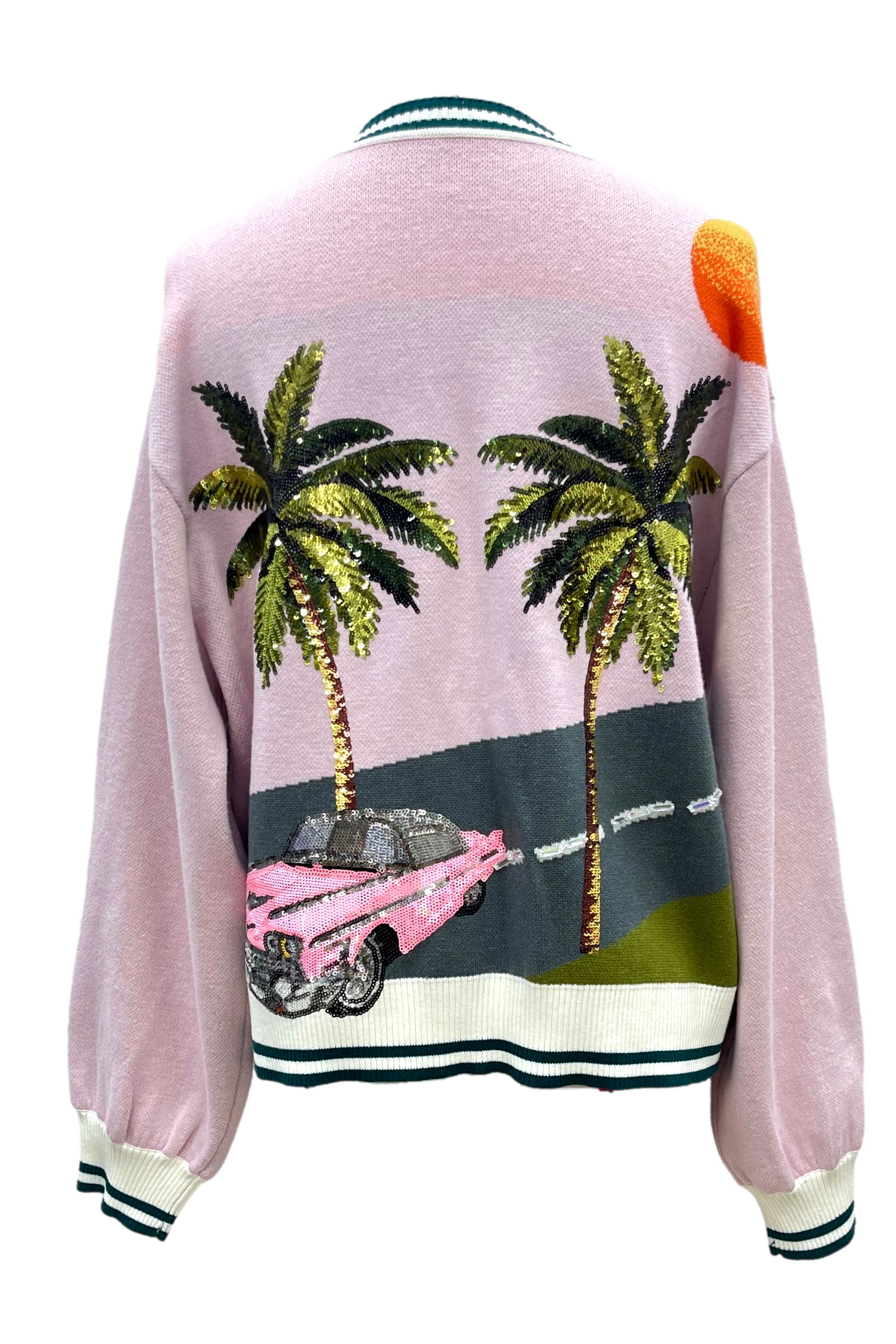 Queen of Sparkles Light Pink Vintage Car & Palm Tree Sequin Cardigan-Cardigans & Kimonos-Queen Of Sparkles-Deja Nu Boutique, Women's Fashion Boutique in Lampasas, Texas