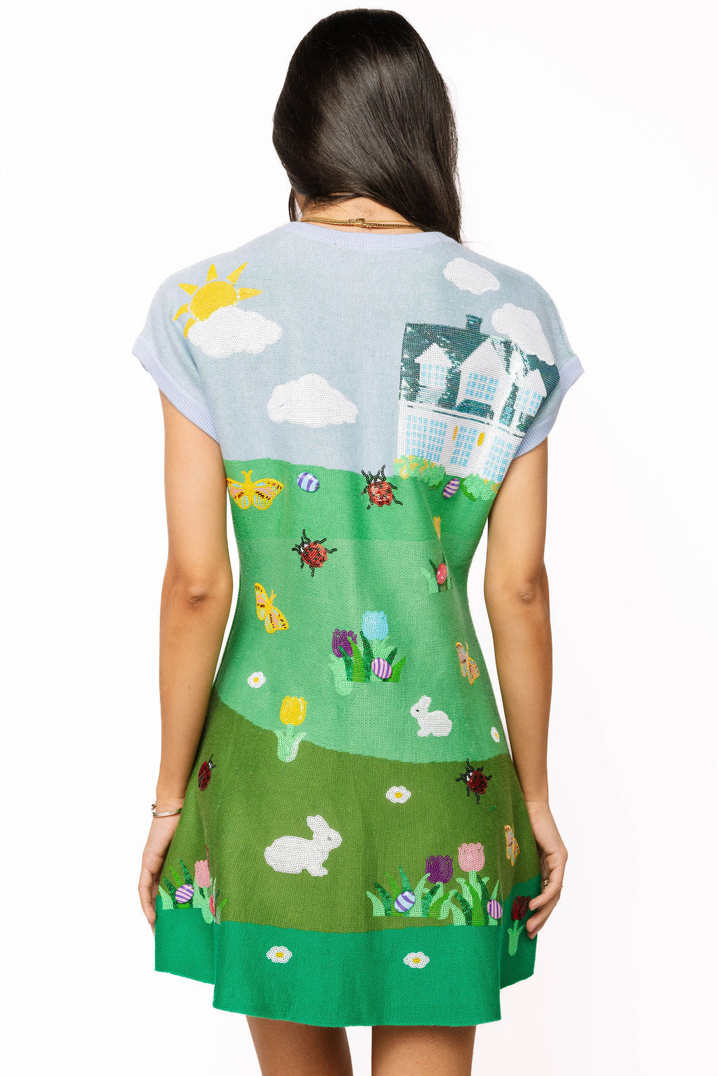 Queen of Sparkles Multi Easter Bunnies & Eggs Yard Scene Knit Dress-mini dress-Queen Of Sparkles-Deja Nu Boutique, Women's Fashion Boutique in Lampasas, Texas