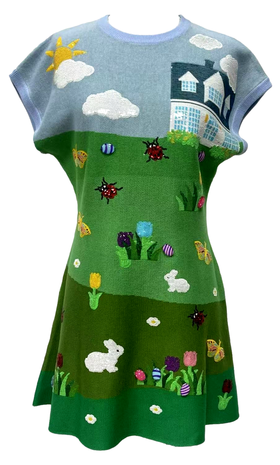 Queen of Sparkles Multi Easter Bunnies & Eggs Yard Scene Knit Dress-mini dress-Queen Of Sparkles-Deja Nu Boutique, Women's Fashion Boutique in Lampasas, Texas