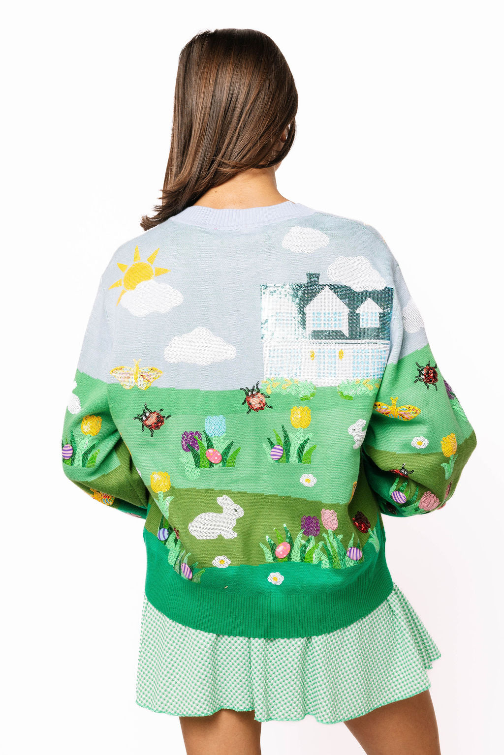 Queen of Sparkles Multi Easter Bunnies & Eggs in Yard Scene Button Up Cardigan-Cardigans & Kimonos-Queen Of Sparkles-Deja Nu Boutique, Women's Fashion Boutique in Lampasas, Texas