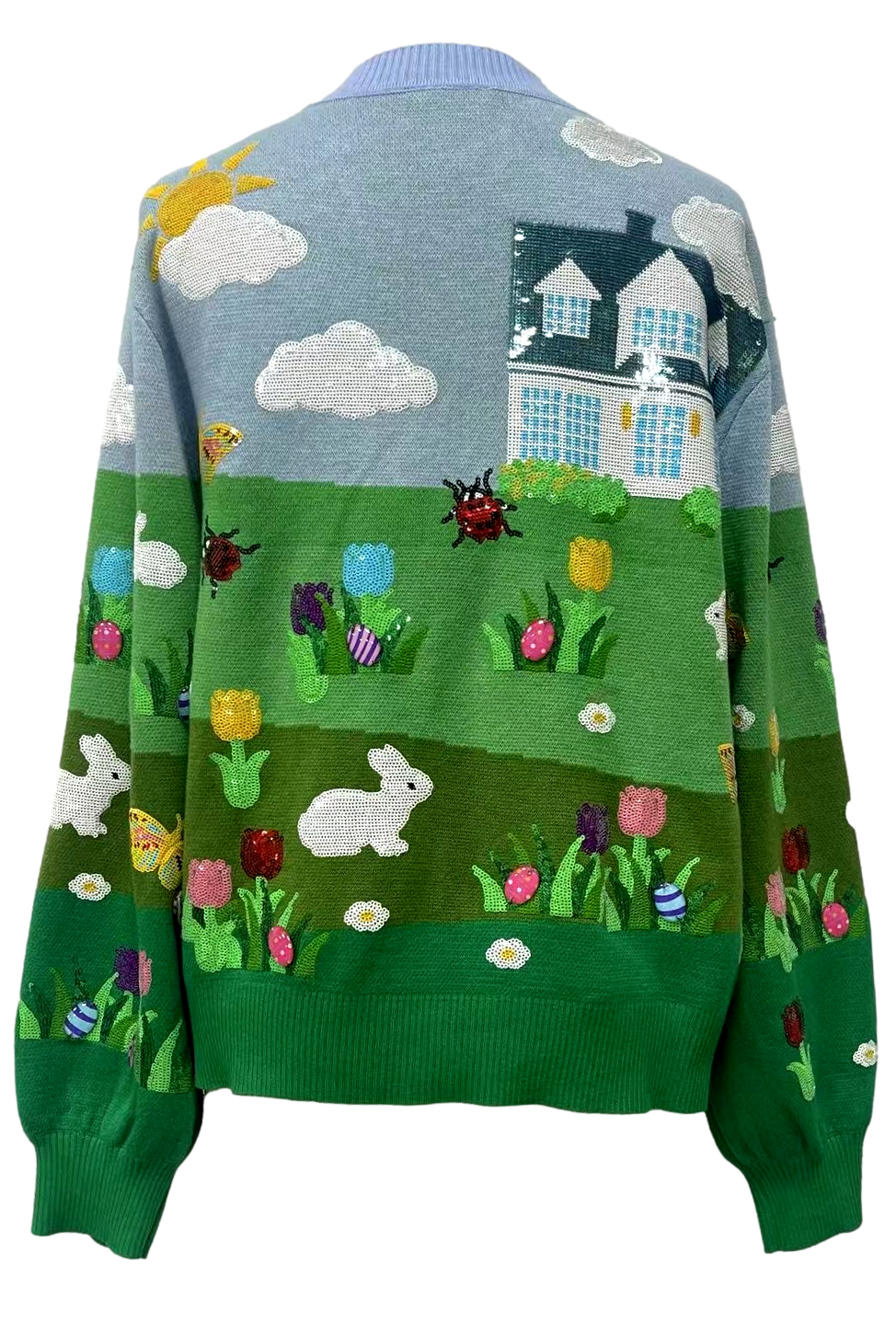 Queen of Sparkles Multi Easter Bunnies & Eggs in Yard Scene Button Up Cardigan-Cardigans & Kimonos-Queen Of Sparkles-Deja Nu Boutique, Women's Fashion Boutique in Lampasas, Texas