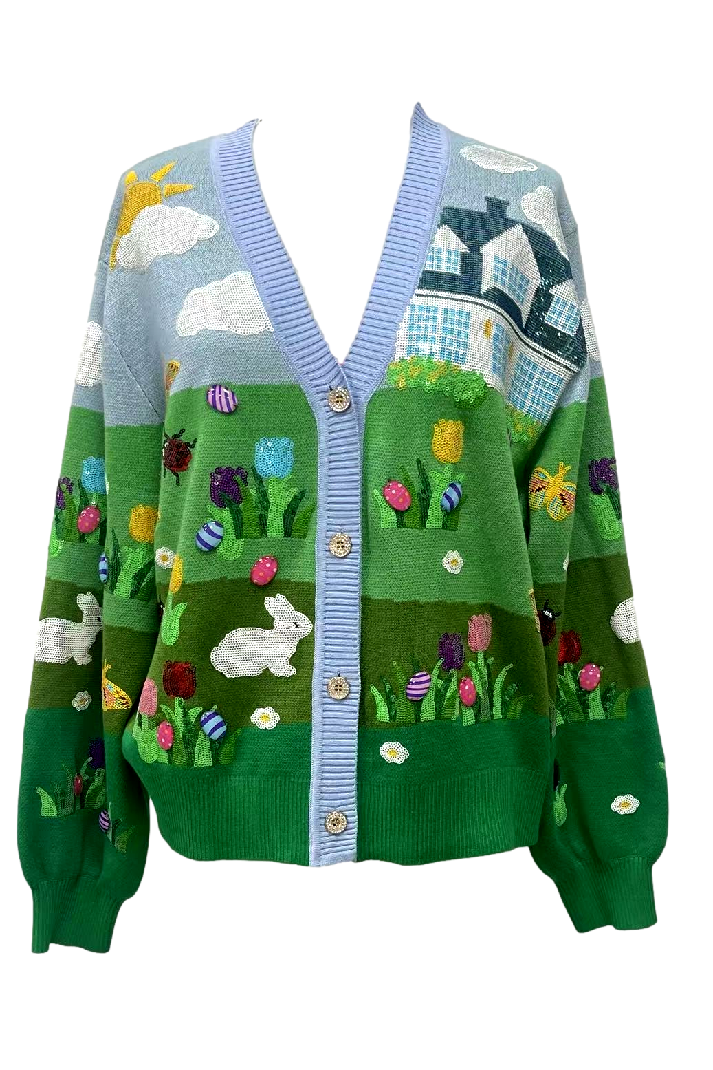Queen of Sparkles Multi Easter Bunnies & Eggs in Yard Scene Button Up Cardigan-Cardigans & Kimonos-Queen Of Sparkles-Deja Nu Boutique, Women's Fashion Boutique in Lampasas, Texas