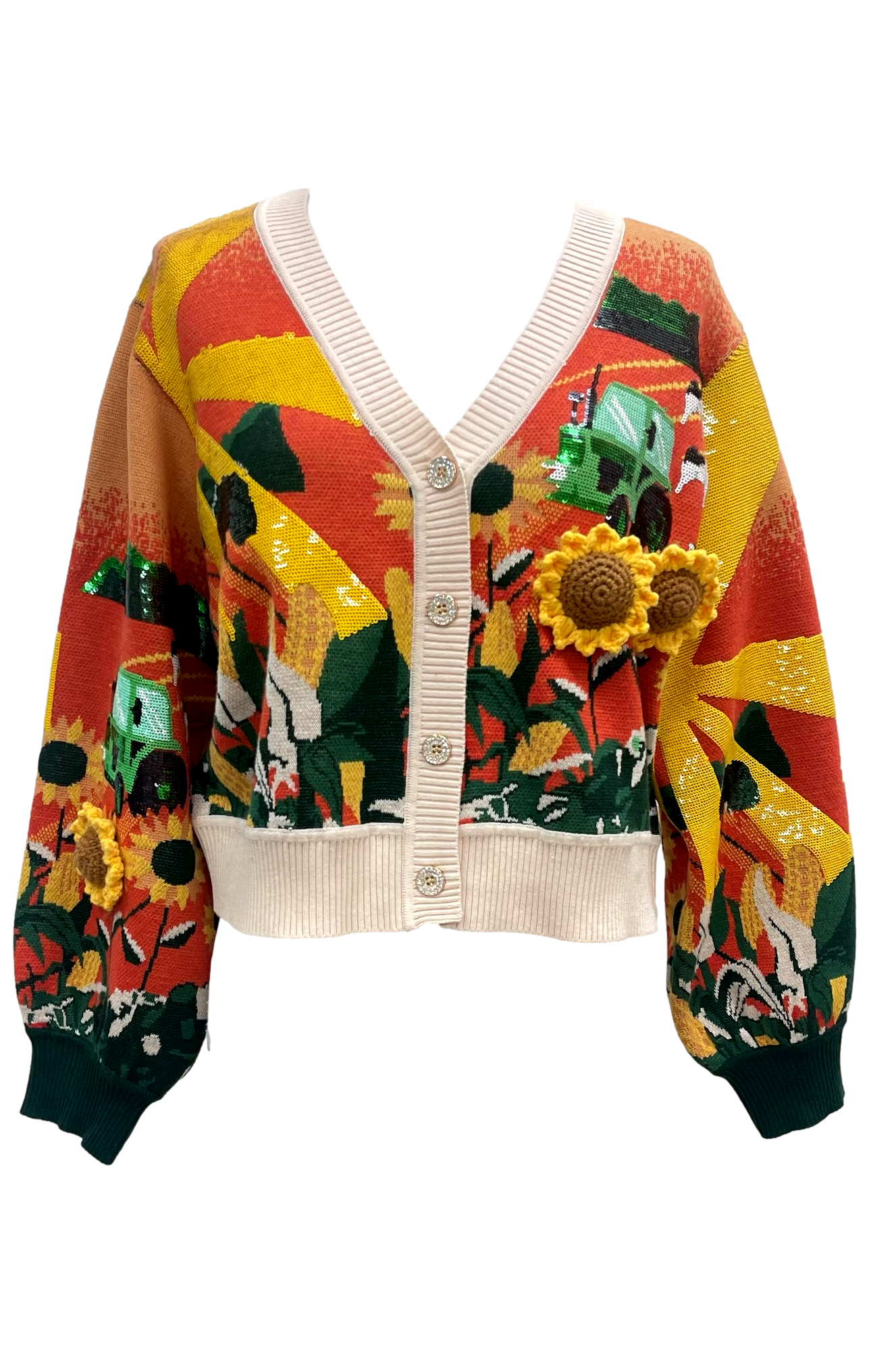 Queen of Sparkles Multi Farm Scene Button-Up Cardigan with 3D Knit Sunflowers-Cardigans & Kimonos-Queen Of Sparkles-Deja Nu Boutique, Women's Fashion Boutique in Lampasas, Texas