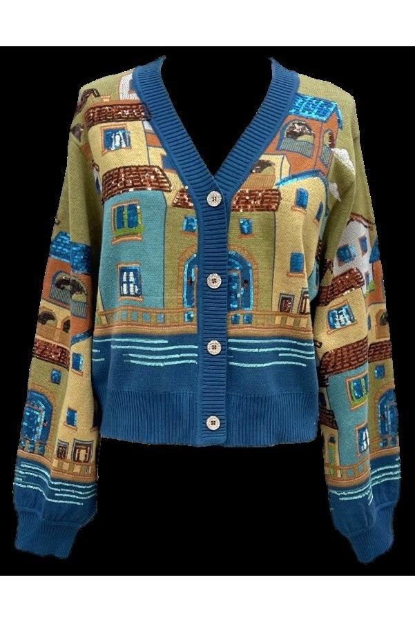 Queen of Sparkles Multi “Italian Houses on Water” Sequin Button-Up Cardigan-Cardigans & Kimonos-Queen Of Sparkles-Deja Nu Boutique, Women's Fashion Boutique in Lampasas, Texas