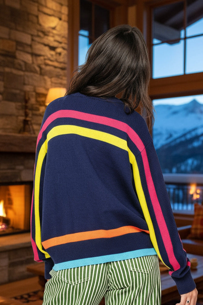 Queen of Sparkles Navy Multi Stripe ‘Après Ski’ Goggle Stripe Sweater-Sweaters-Queen Of Sparkles-Deja Nu Boutique, Women's Fashion Boutique in Lampasas, Texas