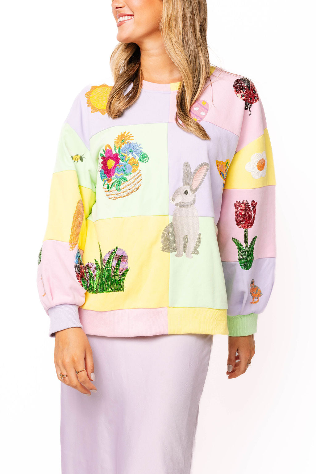 Queen of Sparkles Pastel Colorblock Easter Icon Sweatshirt-sweatshirt-Queen Of Sparkles-Deja Nu Boutique, Women's Fashion Boutique in Lampasas, Texas