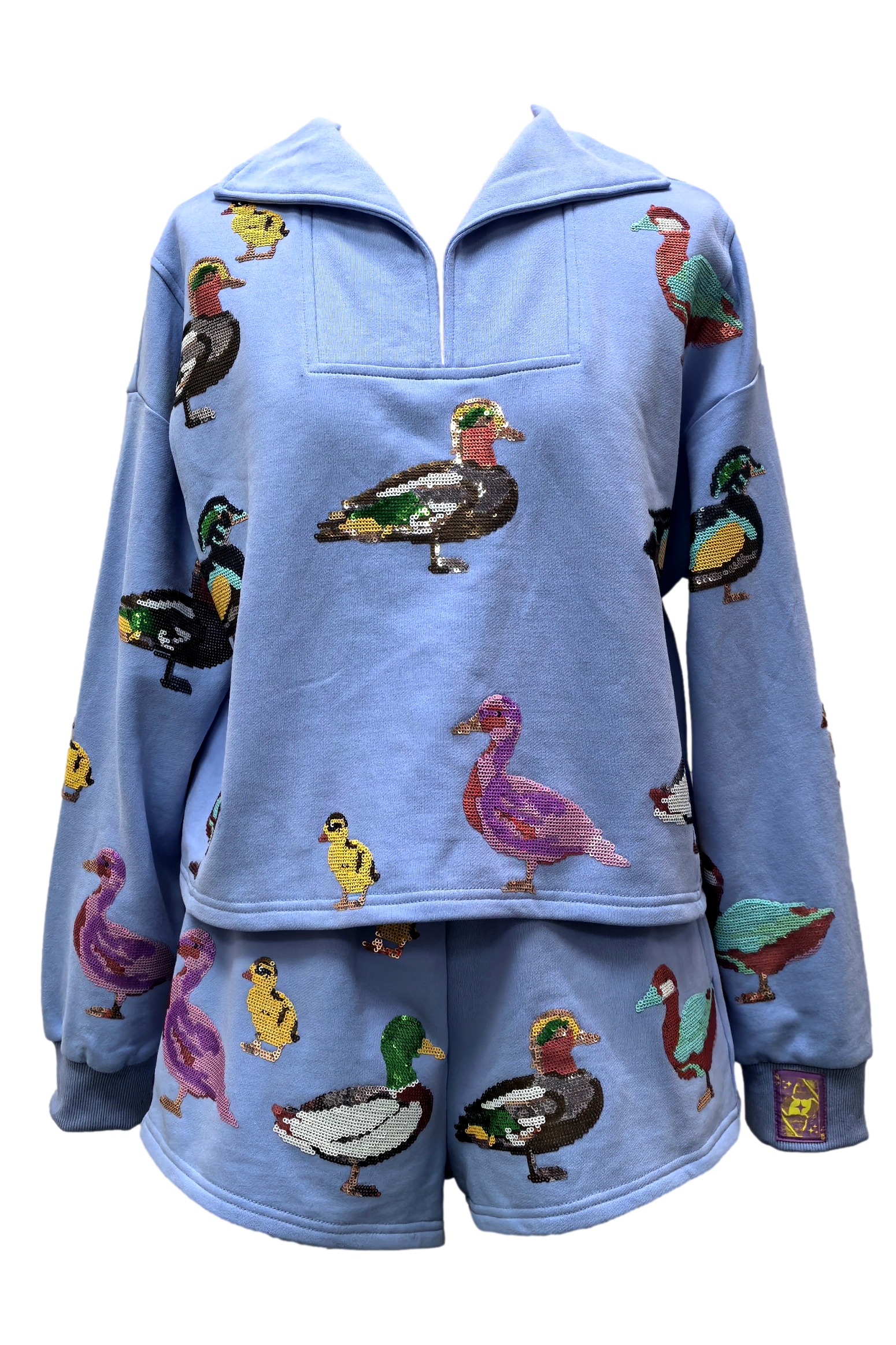 Queen of Sparkles Powder Blue Duck Sweatshirt-Sweaters-Queen Of Sparkles-Deja Nu Boutique, Women's Fashion Boutique in Lampasas, Texas