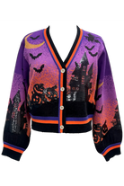 Queen of Sparkles Purple Halloween Scene Sequin Cardigan – Haunted House & Pumpkins-Cardigans & Kimonos-Queen Of Sparkles-Deja Nu Boutique, Women's Fashion Boutique in Lampasas, Texas