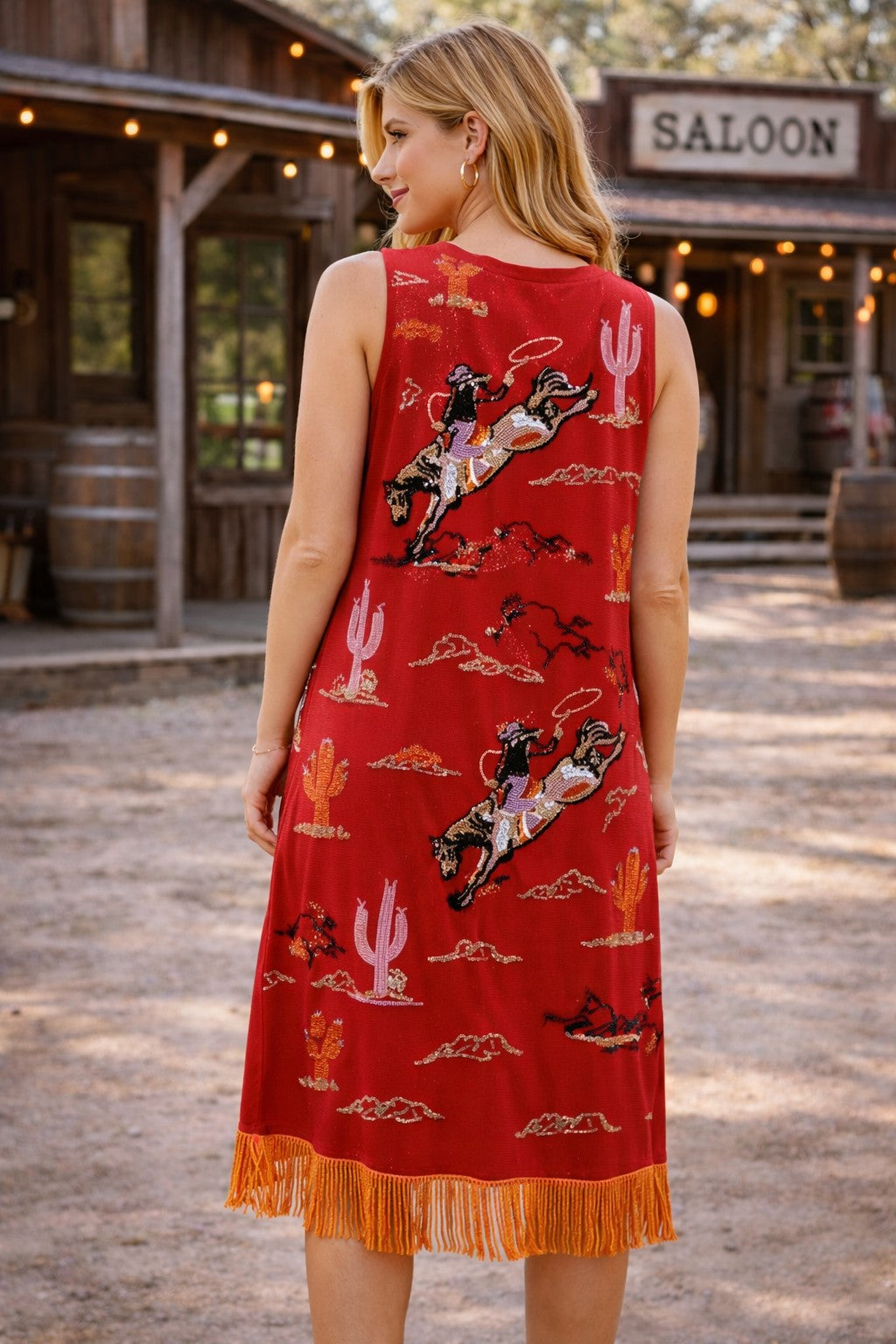 Queen of Sparkles Red Bucking Cowgirl Fringe Bottom Midi Tank Dress-Midi Dresses-Queen Of Sparkles-Deja Nu Boutique, Women's Fashion Boutique in Lampasas, Texas