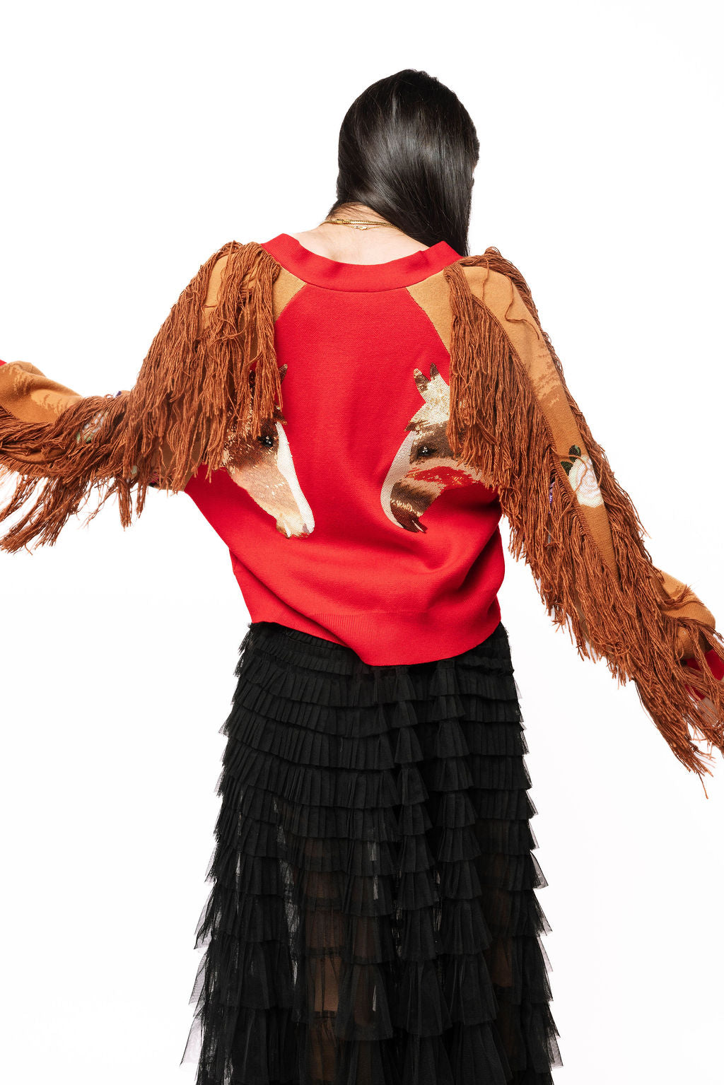 Queen of Sparkles Red Rose & Fringe Horse Sleeve Button Up Cardigan-Cardigans & Kimonos-Queen Of Sparkles-Deja Nu Boutique, Women's Fashion Boutique in Lampasas, Texas