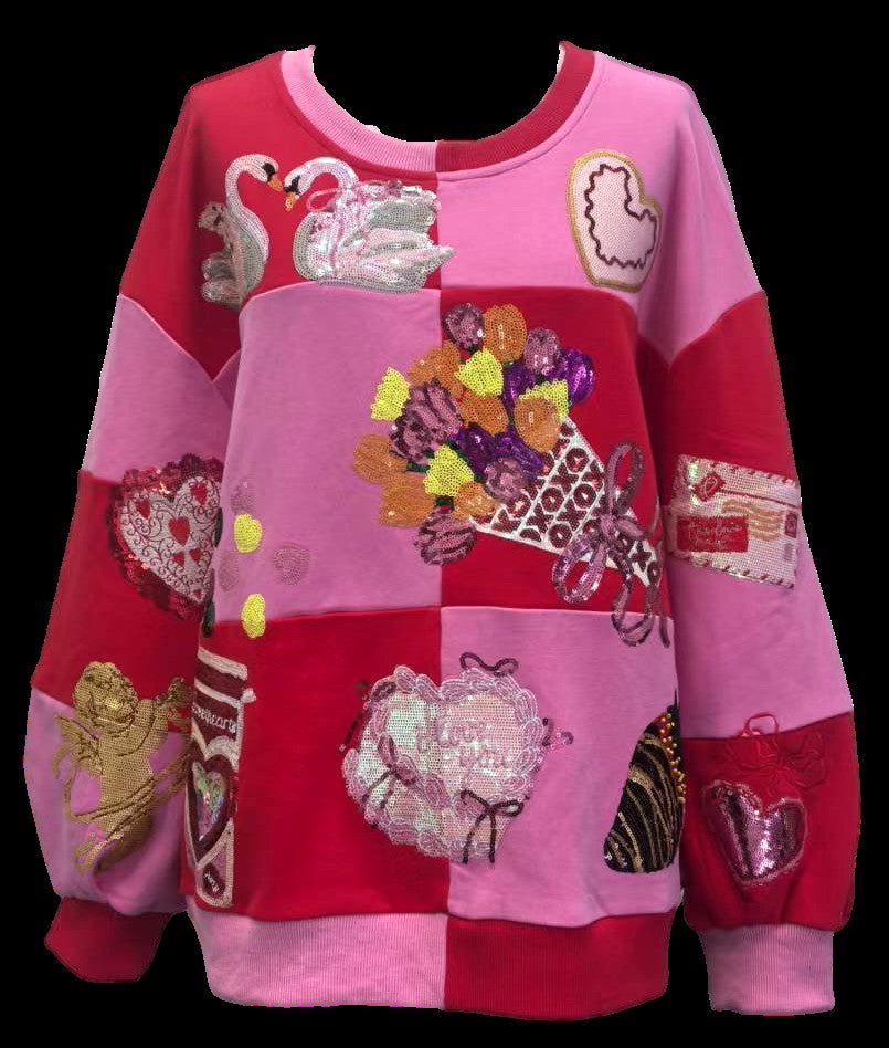 Queen of Sparkles Red & Pink Checkered Valentine Icons Sequin Sweatshirt-sweatshirt-Queen Of Sparkles-Deja Nu Boutique, Women's Fashion Boutique in Lampasas, Texas