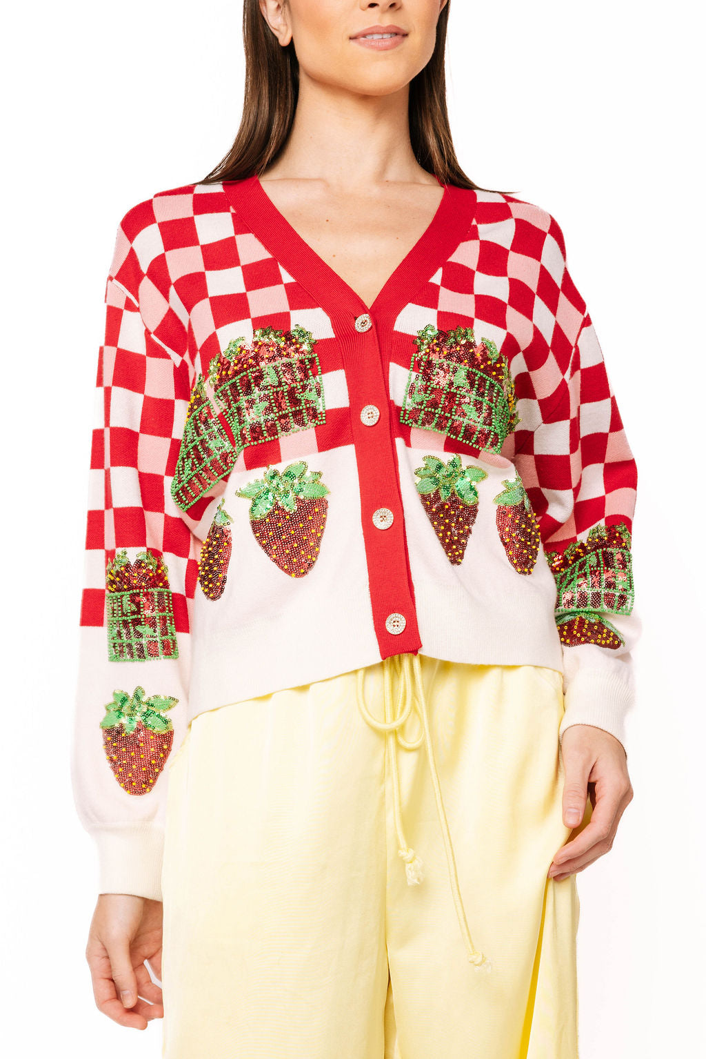 Queen of Sparkles Red & White Checkered Strawberry Button Up Cardigan-Cardigans & Kimonos-Queen Of Sparkles-Deja Nu Boutique, Women's Fashion Boutique in Lampasas, Texas