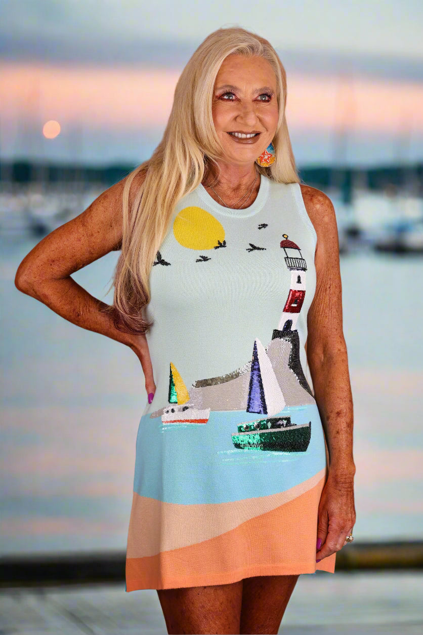 Queen of Sparkles Sail Boat and Light House Knit Tank Dress-Dresses-Queen Of Sparkles-Deja Nu Boutique, Women's Fashion Boutique in Lampasas, Texas