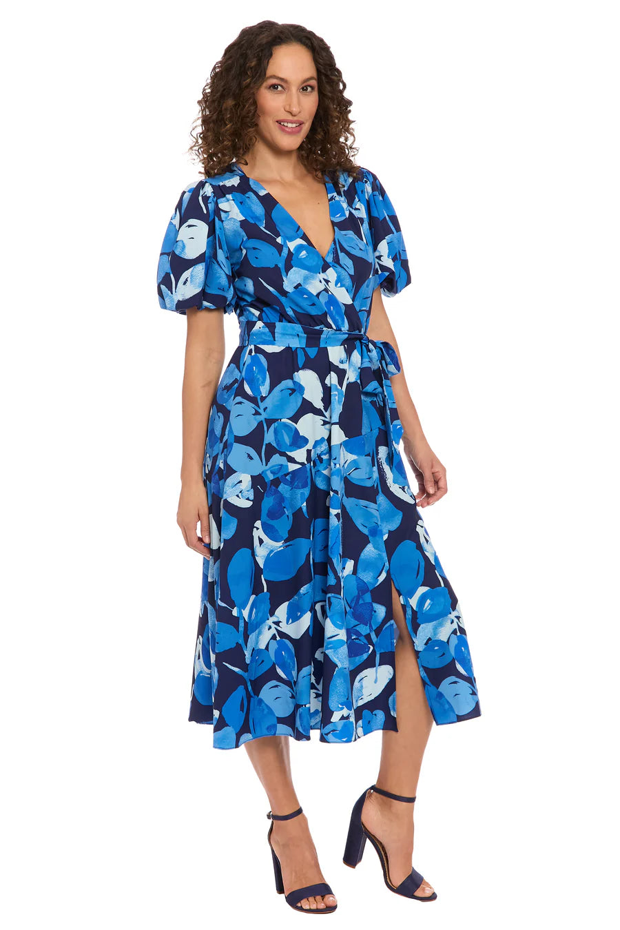REBA by London Times Navy & Royal Blue Wrap Midi Dress-Midi Dresses-London Times-Deja Nu Boutique, Women's Fashion Boutique in Lampasas, Texas