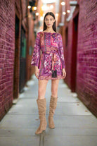 ROBERT by The Good Journey Paisley Bell Sleeve Mini Dress in Magenta Charmeuse-mini dress-The Good Journey-Deja Nu Boutique, Women's Fashion Boutique in Lampasas, Texas