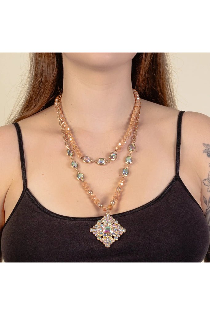 Radiant Aura: Layered Champagne Beaded Necklace With Gold AB Crystal Medallion-Necklaces-Deja Nu-Deja Nu Boutique, Women's Fashion Boutique in Lampasas, Texas