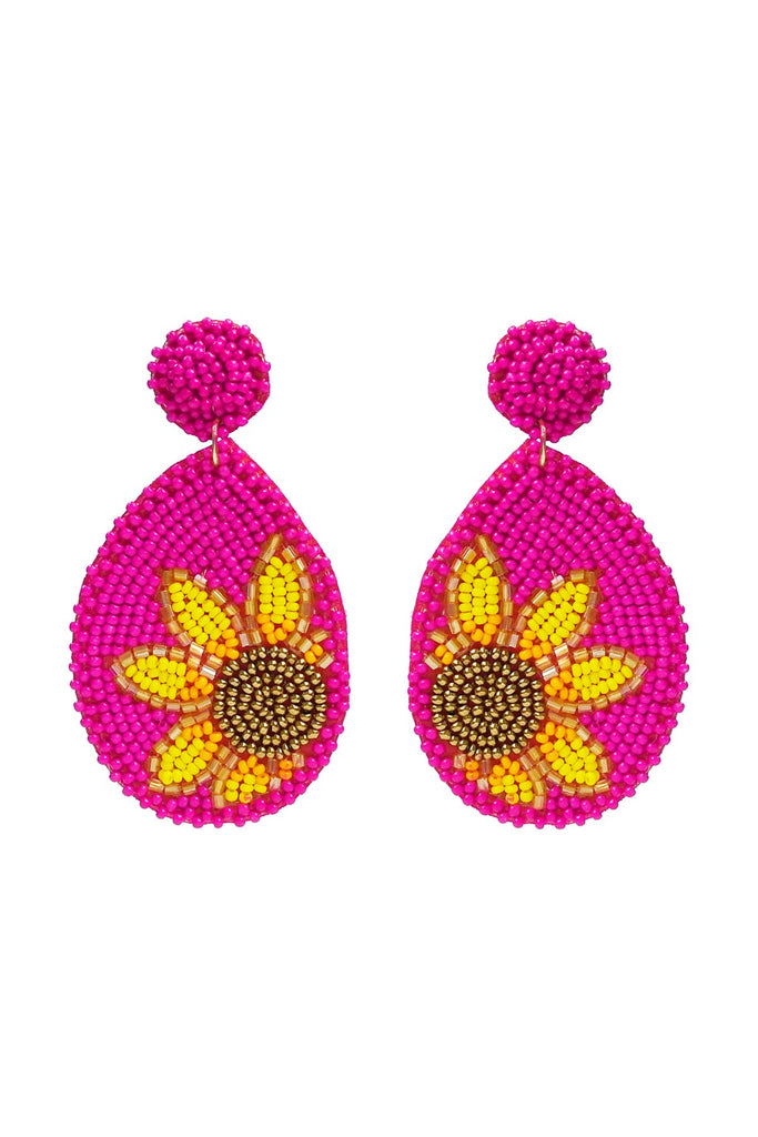 Radiant Bloom Hot Pink Seed Bead Drop Earrings With Sunflower Accent-Earrings-Deja Nu-Deja Nu Boutique, Women's Fashion Boutique in Lampasas, Texas