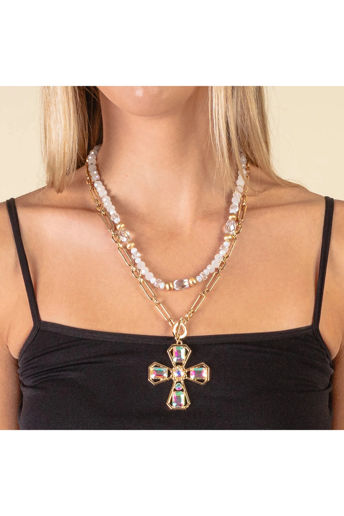 Radiant Faith: Layered Crystal And AB Gold Cross Pendant Necklace-Necklaces-Deja Nu-Deja Nu Boutique, Women's Fashion Boutique in Lampasas, Texas