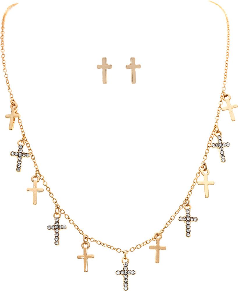 Rain Jewelry Gold Crystal Cross Charms Necklace Set-Necklace Set-Rain Jewelry Collection-Deja Nu Boutique, Women's Fashion Boutique in Lampasas, Texas