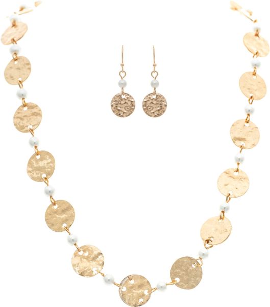 Rain Jewelry Gold Faux Pearl Hammered Disc Link Necklace Set-Necklace Set-Rain Jewelry Collection-Deja Nu Boutique, Women's Fashion Boutique in Lampasas, Texas