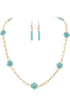 Rain Jewelry Gold Link Necklace With Blue Flower Crystal Beads And Matching Earring-Jewelry Sets-Rain Jewelry Collection-Deja Nu Boutique, Women's Fashion Boutique in Lampasas, Texas