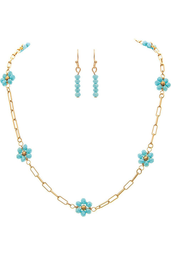 Rain Jewelry Gold Link Necklace With Blue Flower Crystal Beads And Matching Earring-Jewelry Sets-Rain Jewelry Collection-Deja Nu Boutique, Women's Fashion Boutique in Lampasas, Texas