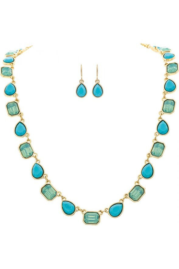 Rain Jewelry Gold Necklace With Turquoise Teardrops And Blue Glow Octagon Gem Necklace Set-Jewelry Sets-Rain Jewelry Collection-Deja Nu Boutique, Women's Fashion Boutique in Lampasas, Texas