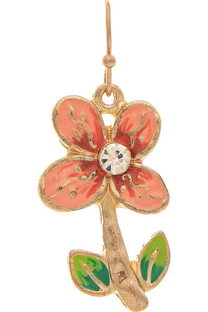 Rain Jewelry Gold Peach Enamel Flower Earring With Center Rhinestone-Earrings-Rain Jewelry Collection-Deja Nu Boutique, Women's Fashion Boutique in Lampasas, Texas