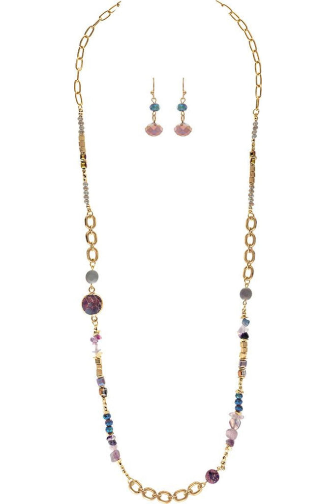 Rain Jewelry Gold Purple Square Bead Glass Long Necklace Set-Jewelry Sets-Rain Jewelry Collection-Deja Nu Boutique, Women's Fashion Boutique in Lampasas, Texas