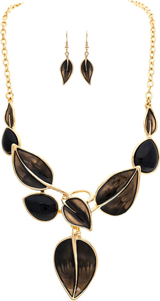 Rain Jewelry Gold Smokey Grey Enamel Leaf Bib Necklace & Earring Set-Necklace Set-Rain Jewelry Collection-Deja Nu Boutique, Women's Fashion Boutique in Lampasas, Texas
