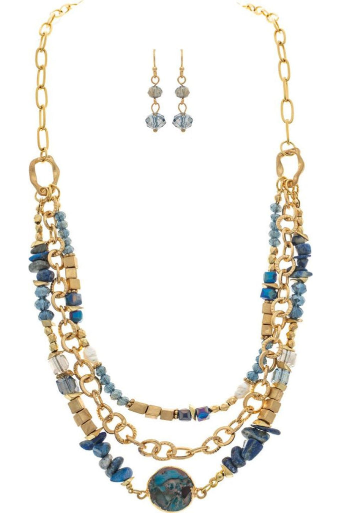 Rain Jewelry Gold Square Blue Bead Glass Layer Necklace Set-Jewelry Sets-Rain Jewelry Collection-Deja Nu Boutique, Women's Fashion Boutique in Lampasas, Texas
