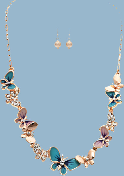 Rain Jewelry Rose Gold And Crystal Blue Butterfly Necklace Set-Necklace Set-Rain Jewelry Collection-Deja Nu Boutique, Women's Fashion Boutique in Lampasas, Texas