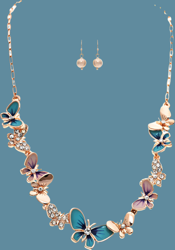 Rain Jewelry Rose Gold And Crystal Blue Butterfly Necklace Set-Necklace Set-Rain Jewelry Collection-Deja Nu Boutique, Women's Fashion Boutique in Lampasas, Texas