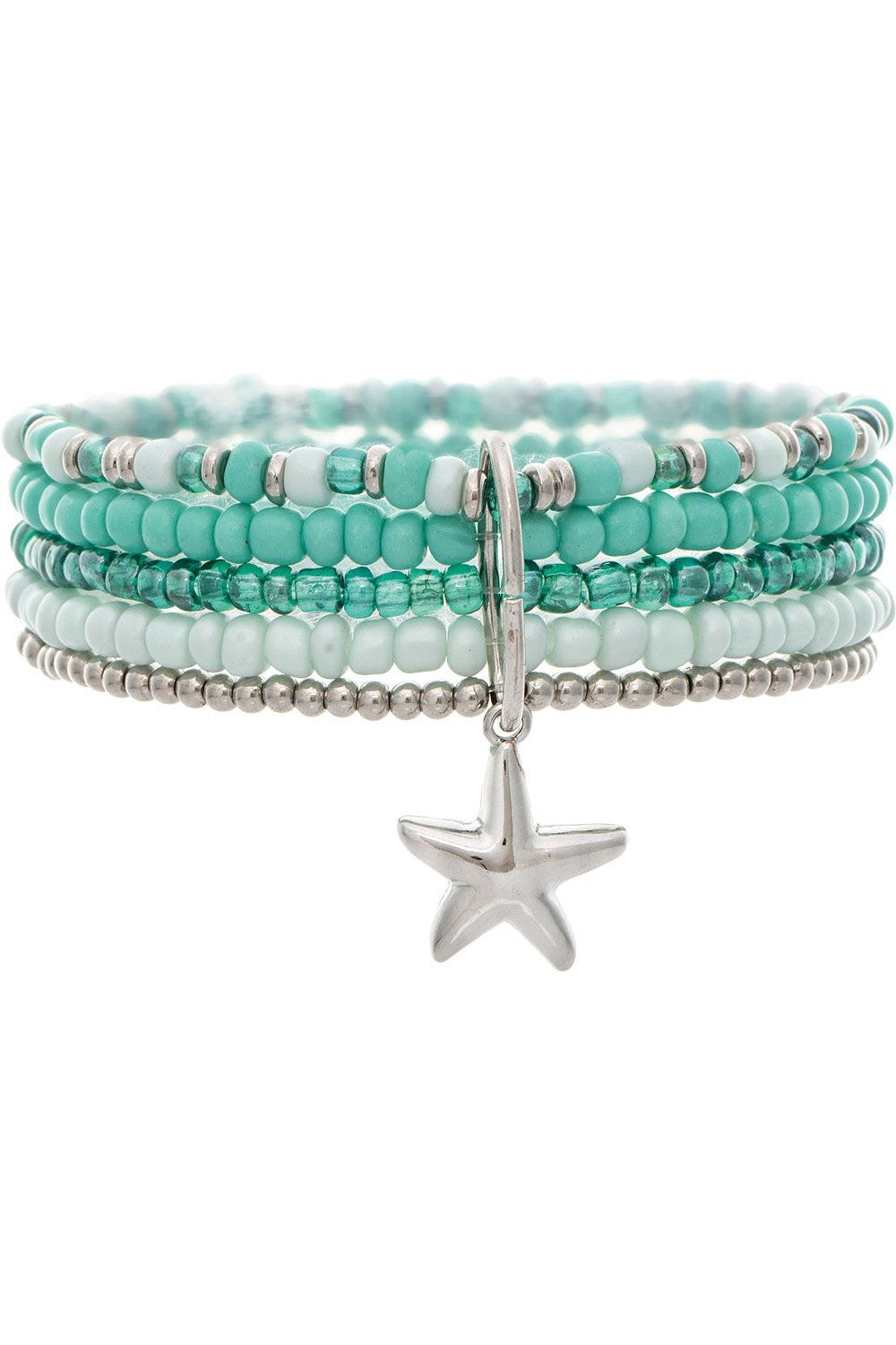 Rain Jewelry Silver Starfish Charm 5 Beaded Mint Green Bracelet Set-Bracelets-Rain Jewelry Collection-Deja Nu Boutique, Women's Fashion Boutique in Lampasas, Texas