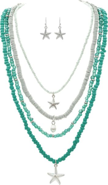 Rain Jewelry Silver Starfish & Pearl Charm Layered Green Bead Necklace Set-Necklace Set-Rain Jewelry Collection-Deja Nu Boutique, Women's Fashion Boutique in Lampasas, Texas