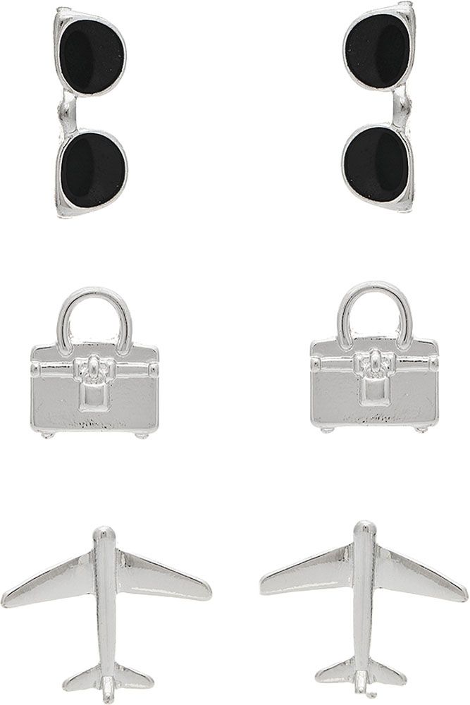 Rain Jewelry Silver Sunnies Airplane Luggage Travel 3 Piece Earring Set-Earrings-Rain Jewelry Collection-Deja Nu Boutique, Women's Fashion Boutique in Lampasas, Texas