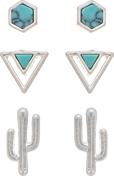 Rain Jewelry Silver Turquoise Southwest Cactus Three Post Earring Set-Earrings-Rain Jewelry Collection-Deja Nu Boutique, Women's Fashion Boutique in Lampasas, Texas