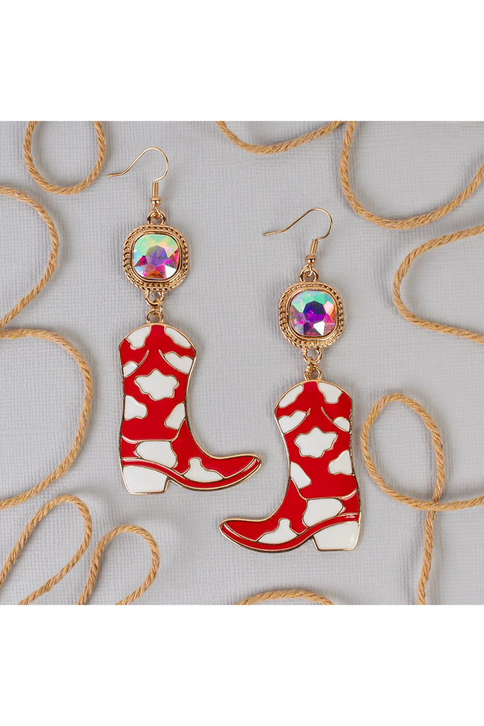 Red And White Cowboy Boot Drop Earrings With AB Crystal Connector-Earrings-Deja Nu-Deja Nu Boutique, Women's Fashion Boutique in Lampasas, Texas