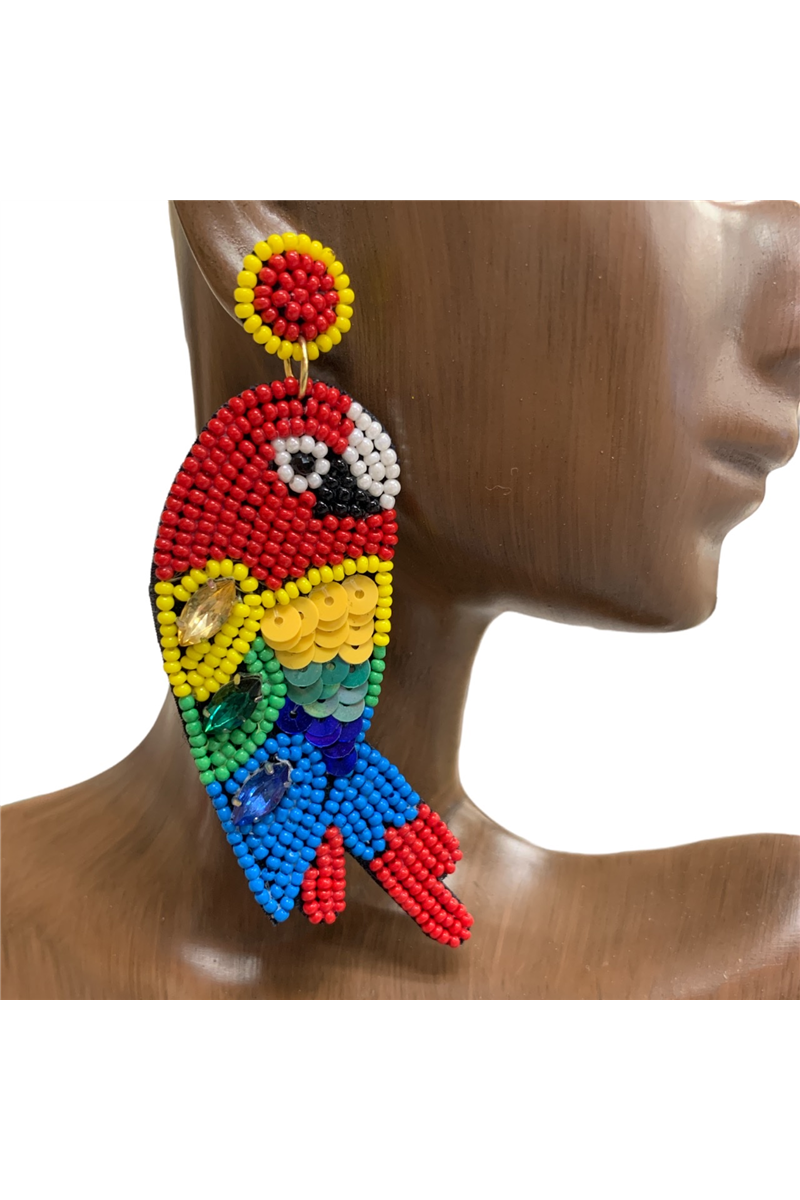 Red Multi Parrot Dangle Seed Bead Earrings With Rhinestones-Earrings-Deja Nu-Deja Nu Boutique, Women's Fashion Boutique in Lampasas, Texas