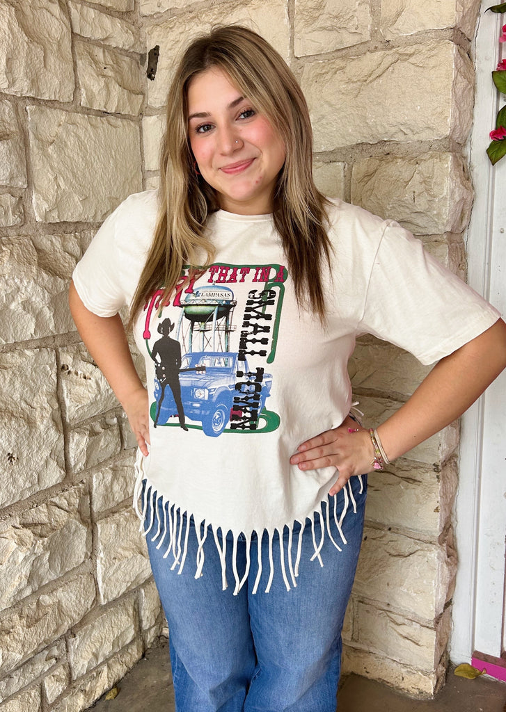 Rose Canyon Ranch Free 2 B Small Town Fringe Tee In Oatmeal-Graphic Tees-Rose Canyon Ranch Free 2 B-Deja Nu Boutique, Women's Fashion Boutique in Lampasas, Texas