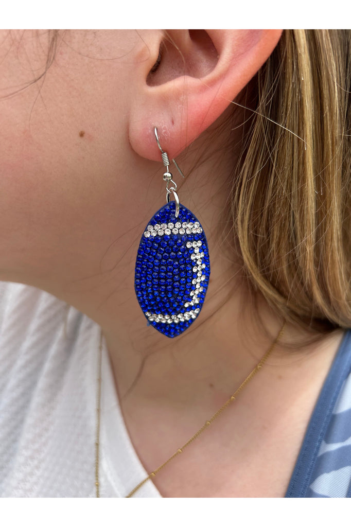 Royal Blue Sparkle Football Earrings With Clear Rhinestone Whipstitch Accents-Earrings-Deja Nu-Deja Nu Boutique, Women's Fashion Boutique in Lampasas, Texas
