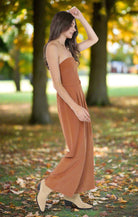 Sadie & Sage Sundown Tube Top Belted Jumpsuit in Rusty Brown-Rompers & Jumpsuits-Sadie & Sage-Deja Nu Boutique, Women's Fashion Boutique in Lampasas, Texas