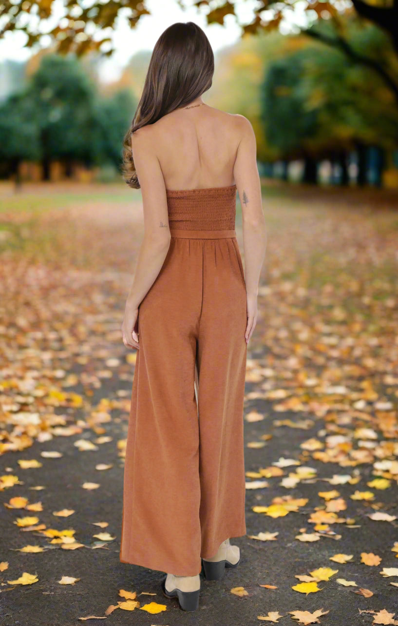Sadie & Sage Sundown Tube Top Belted Jumpsuit in Rusty Brown-Rompers & Jumpsuits-Sadie & Sage-Deja Nu Boutique, Women's Fashion Boutique in Lampasas, Texas