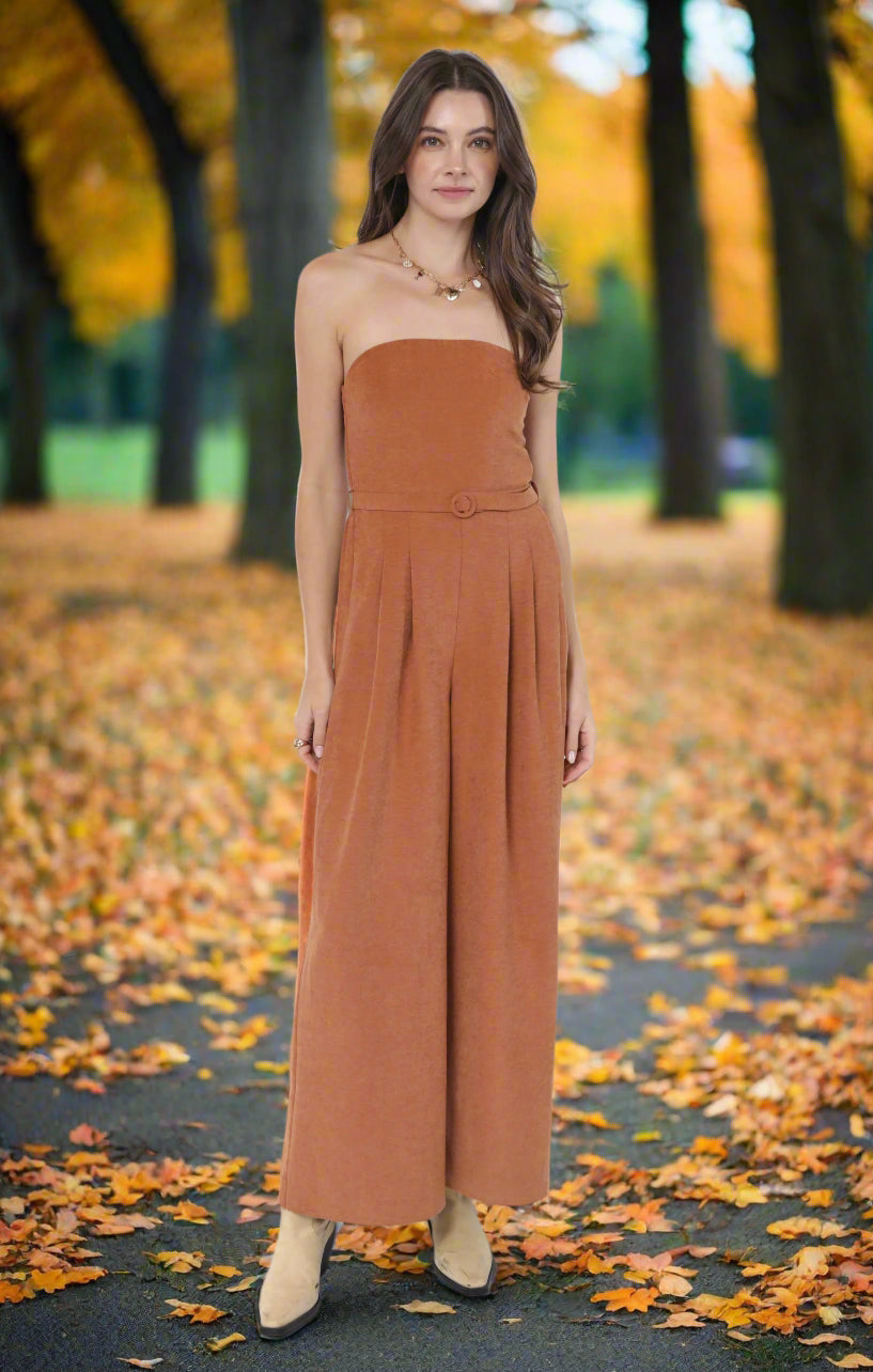 Sadie & Sage Sundown Tube Top Belted Jumpsuit in Rusty Brown-Rompers & Jumpsuits-Sadie & Sage-Deja Nu Boutique, Women's Fashion Boutique in Lampasas, Texas