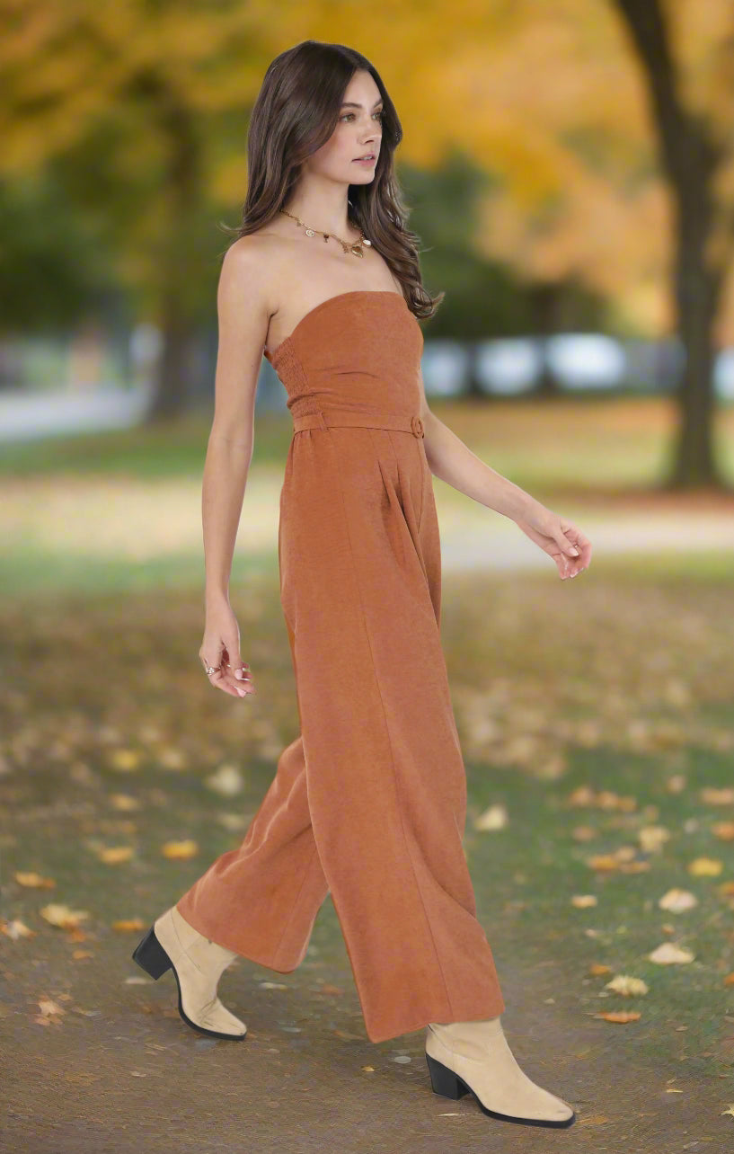 Sadie & Sage Sundown Tube Top Belted Jumpsuit in Rusty Brown-Rompers & Jumpsuits-Sadie & Sage-Deja Nu Boutique, Women's Fashion Boutique in Lampasas, Texas