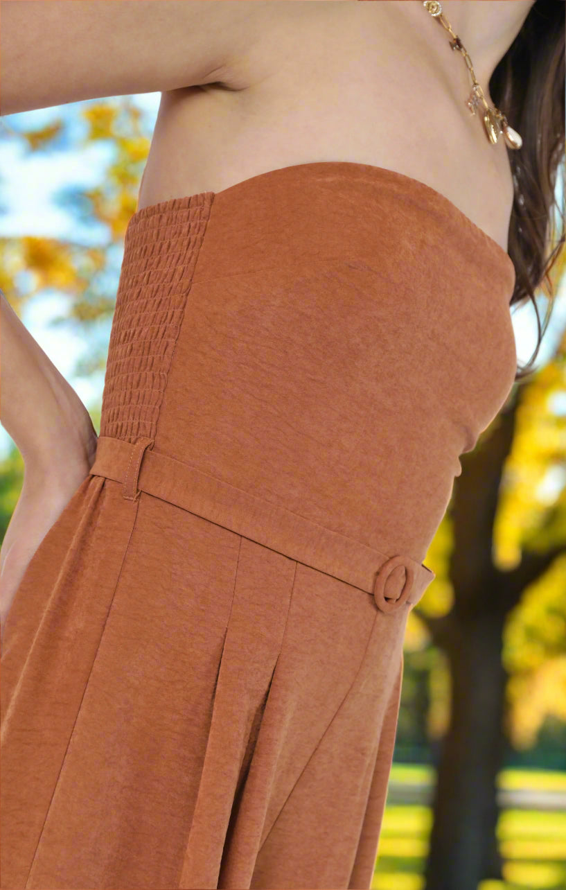 Sadie & Sage Sundown Tube Top Belted Jumpsuit in Rusty Brown-Rompers & Jumpsuits-Sadie & Sage-Deja Nu Boutique, Women's Fashion Boutique in Lampasas, Texas