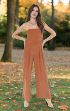 Sadie & Sage Sundown Tube Top Belted Jumpsuit in Rusty Brown-Rompers & Jumpsuits-Sadie & Sage-Deja Nu Boutique, Women's Fashion Boutique in Lampasas, Texas