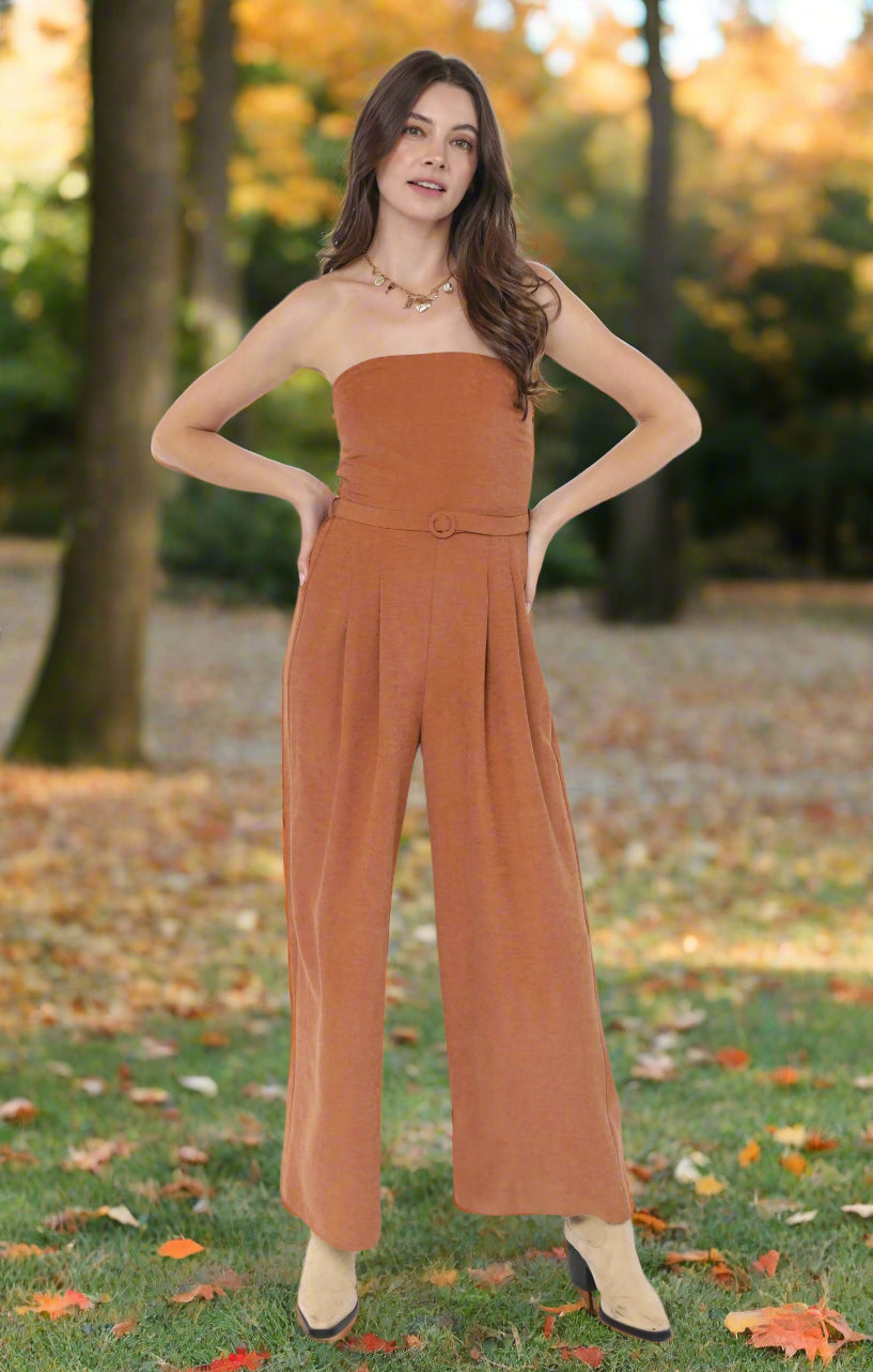 Sadie & Sage Sundown Tube Top Belted Jumpsuit in Rusty Brown-Rompers & Jumpsuits-Sadie & Sage-Deja Nu Boutique, Women's Fashion Boutique in Lampasas, Texas