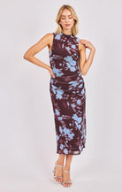 Sadie & Sage Urban Siren Ruched Midi Dress in Brown Blue-Midi Dresses-Sadie & Sage-Deja Nu Boutique, Women's Fashion Boutique in Lampasas, Texas